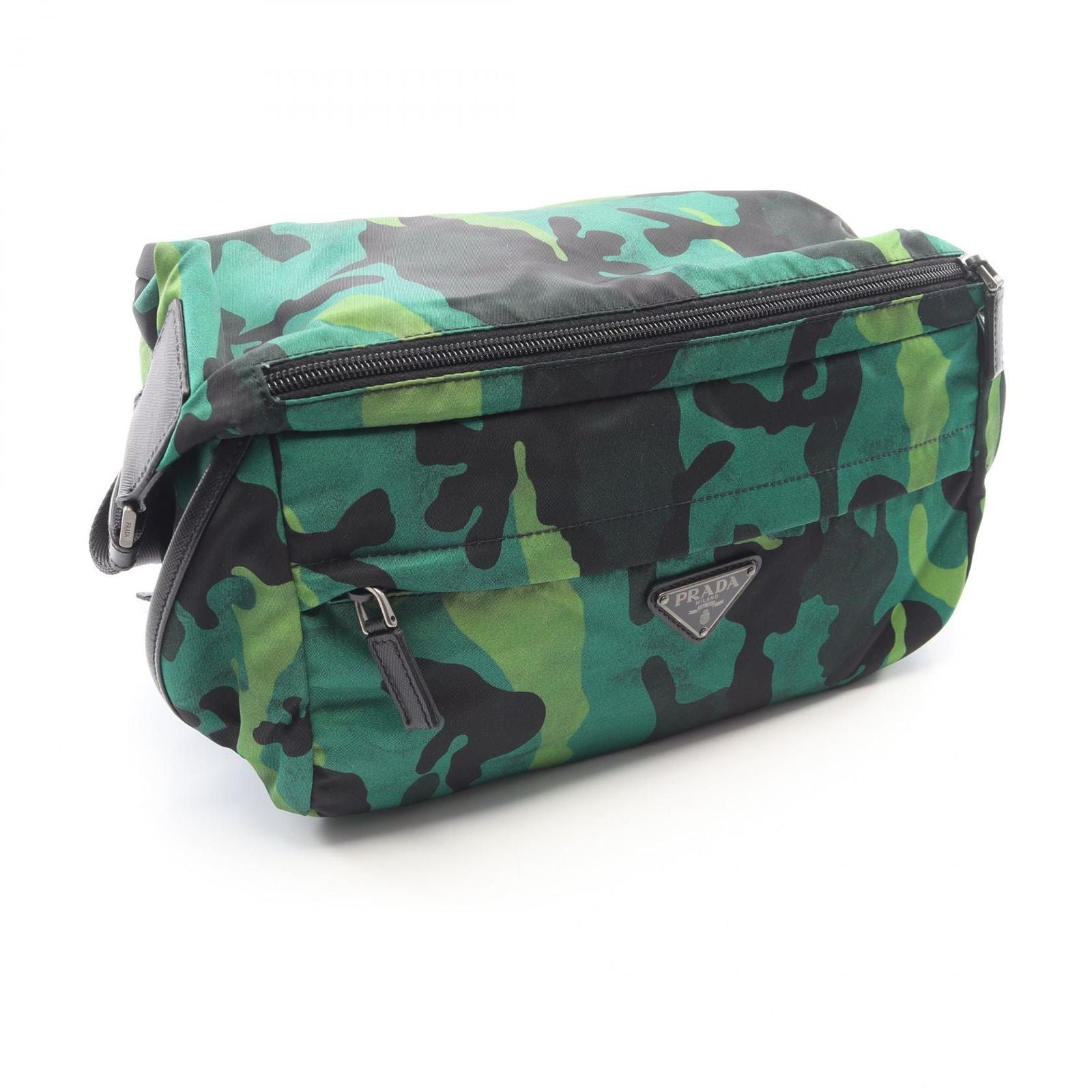 Prada Shoulder Bag Tessuto Camoufl Green Black Nylon Saffiano Leather Camouflage — view 8
