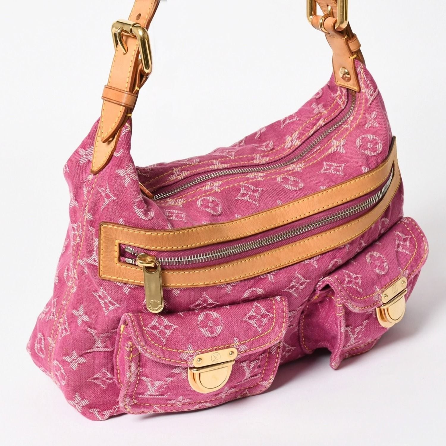 Louis Vuitton Baggy PM Shoulder Bag Monogram Denim Leather Pink Gold — view 3