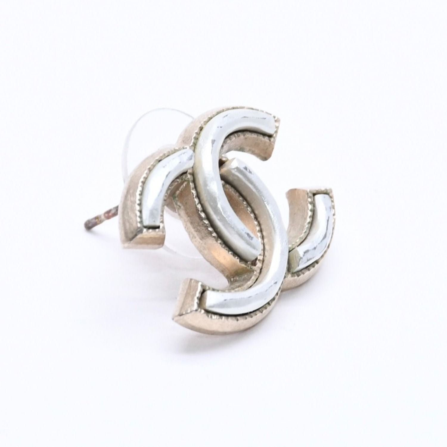 Chanel CC Logo Single Earrings Metal Silver Gold Bicolor — view 3
