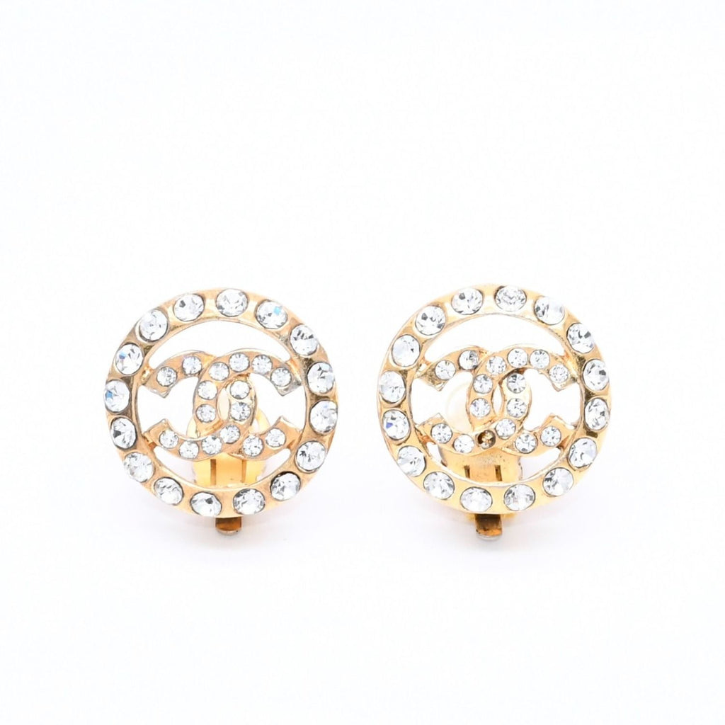 Chanel CC Logo Earrings Metal Rhinestone Gold Clear