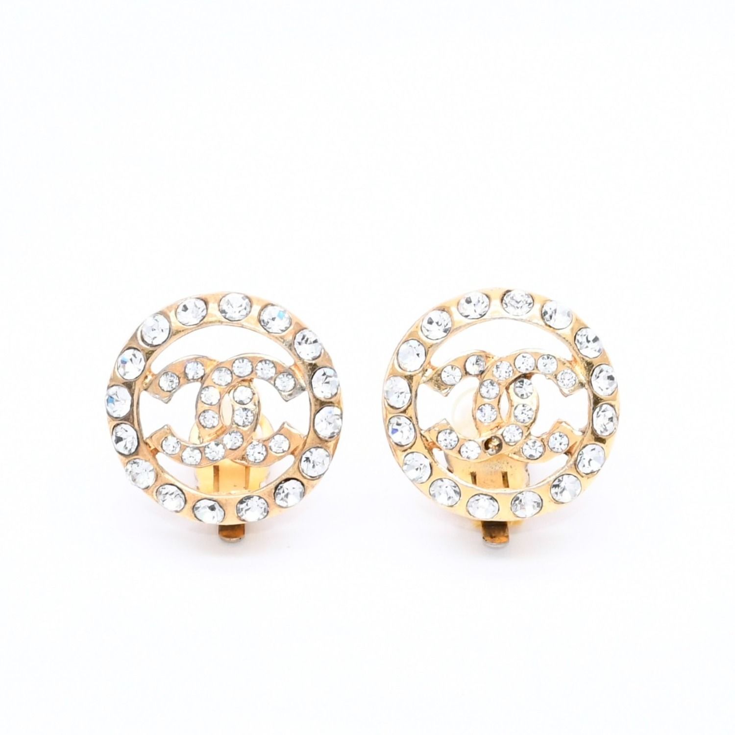 Chanel CC Logo Earrings Metal Rhinestone Gold Clear