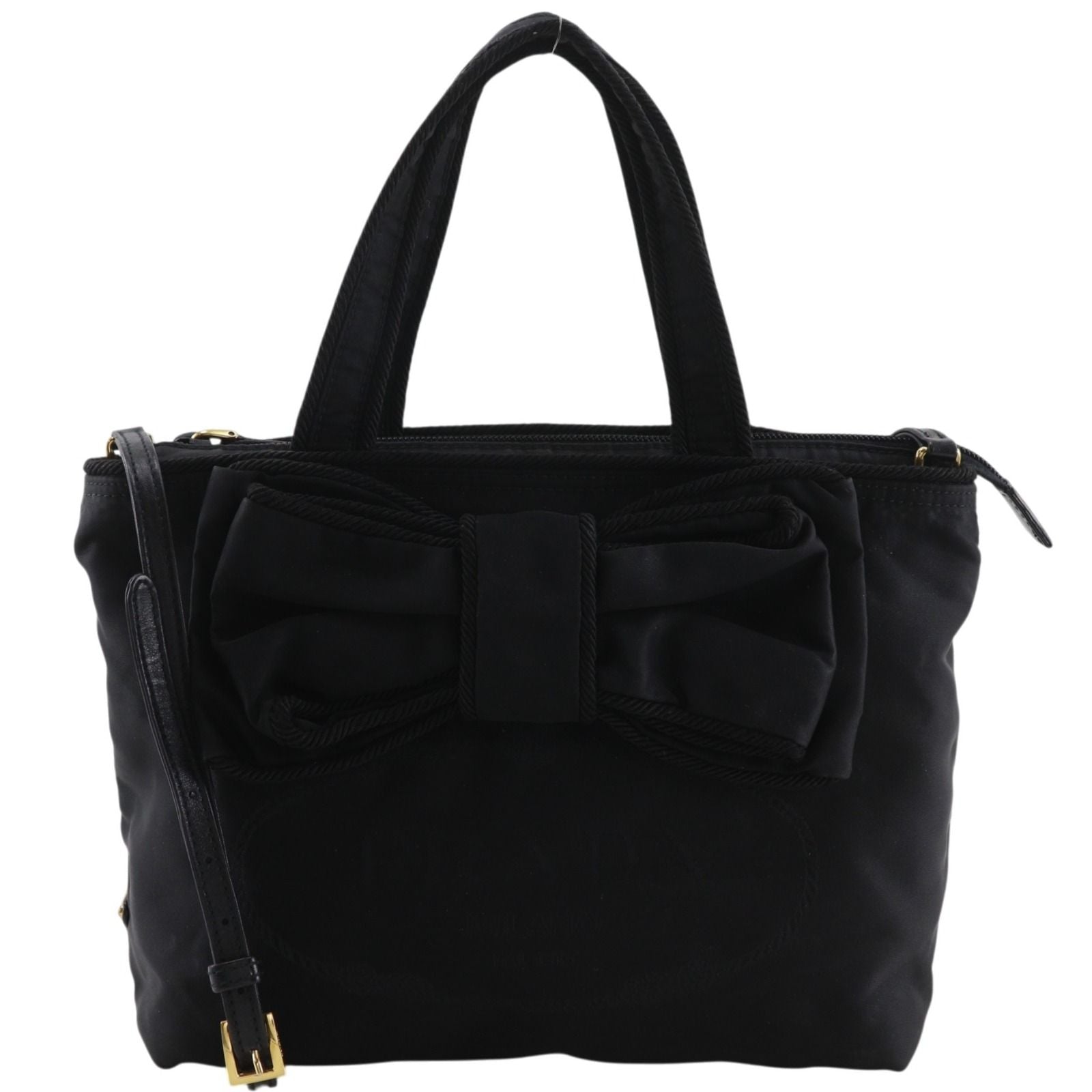 Prada Logo Ribbon 2-Way Shoulder Nylon Black Handbag