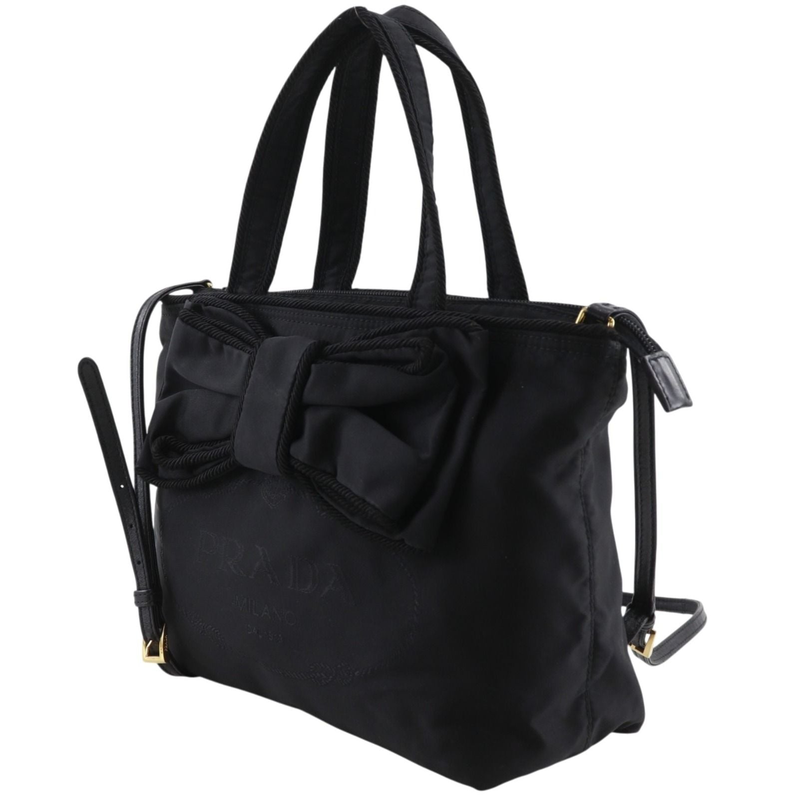 Prada Logo Ribbon 2-Way Shoulder Nylon Black Handbag — view 2