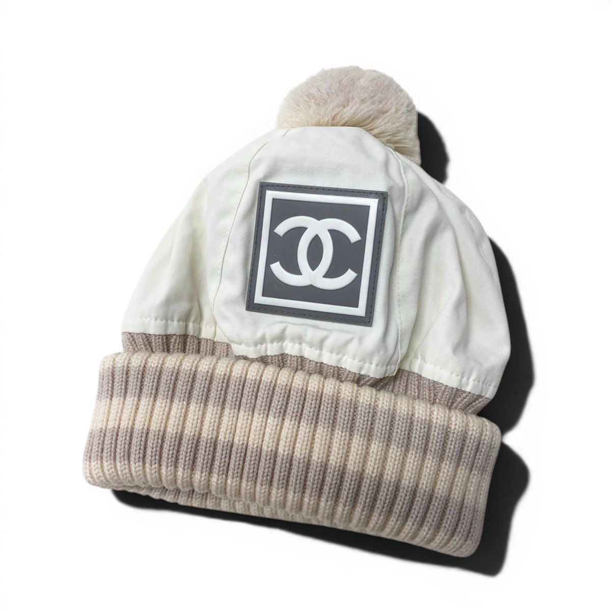Chanel Vintage Sports CC Logo Lining Fleece Knit Cap Beanie Cap M Off White — view 4