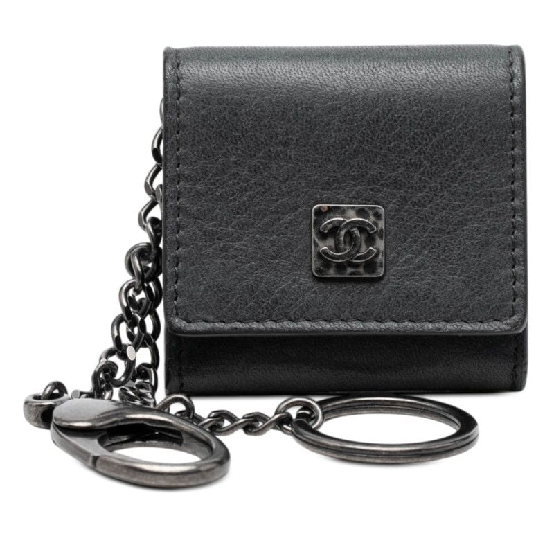 Chanel CC Logo Key Holder Bag Charm Photo Case Black Leather