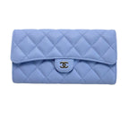 Chanel Wallet Long Flap Quilted Caviar Leather Blue Silver