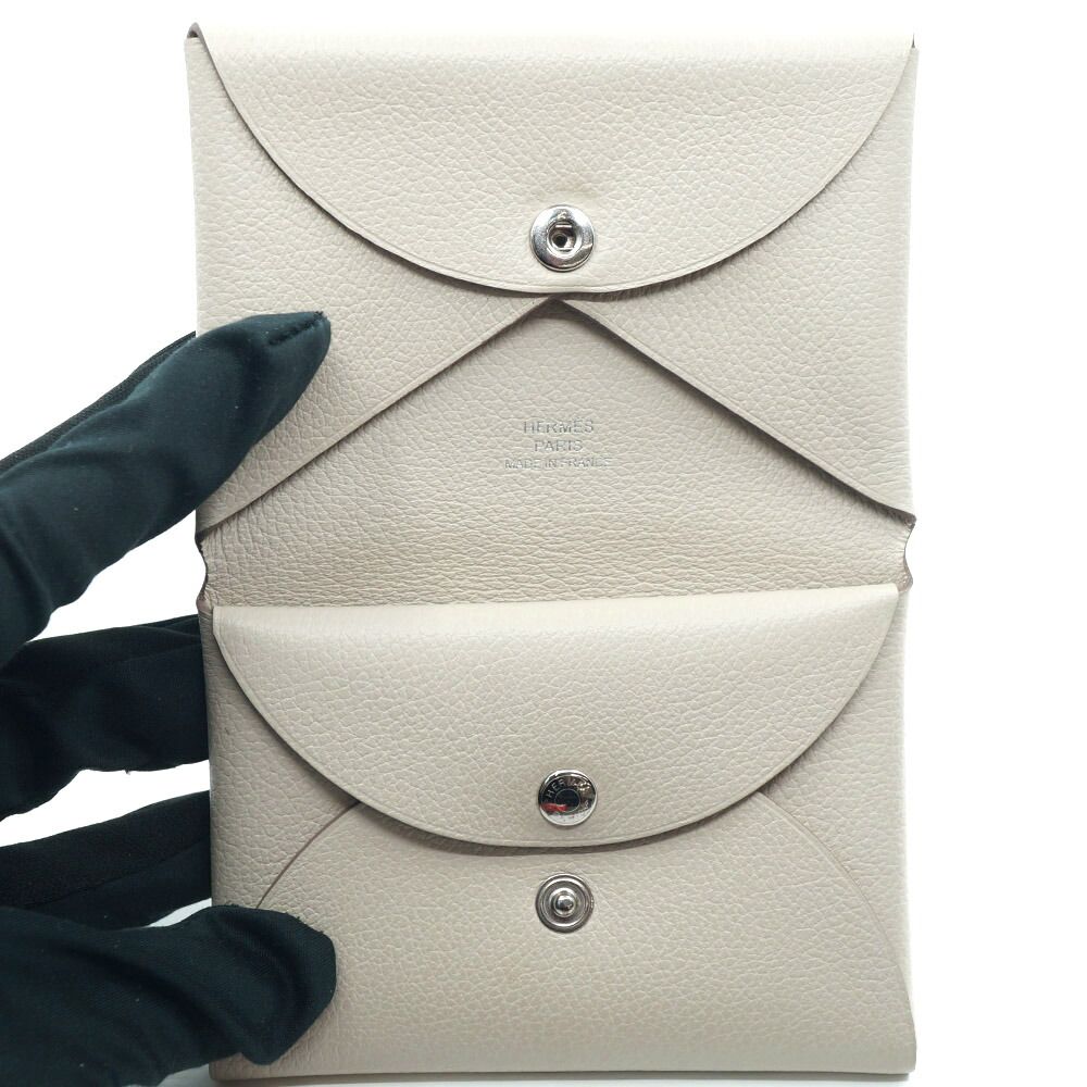 Hermes Calvi Duo Coin Case Card White Ever Leather Silver — view 6