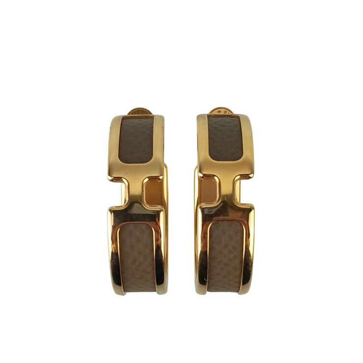 Hermes Earrings Olympe Gold Brown Metal Leather