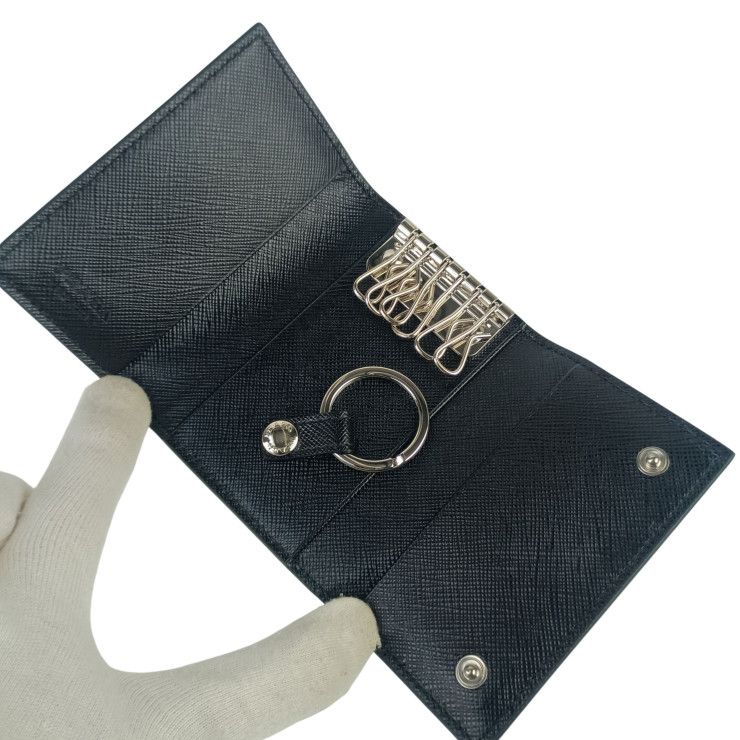 Prada Key Case Nero Saffiano Bicolo 6 Silver Key Holder — view 6