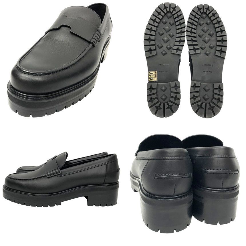 Hermes Cles Man Hitch Cut Detail Moccasins Logo Loafers Thick Sole 385 Black — view 2