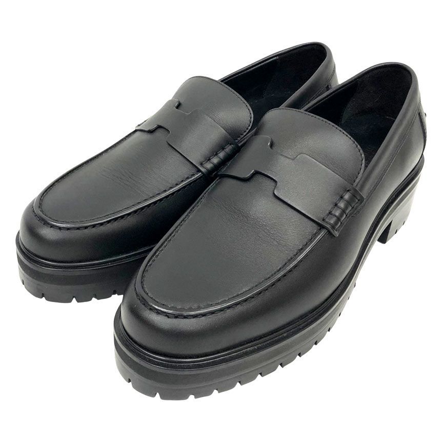 Hermes Cles Man Hitch Cut Detail Moccasins Logo Loafers Thick Sole 385 Black
