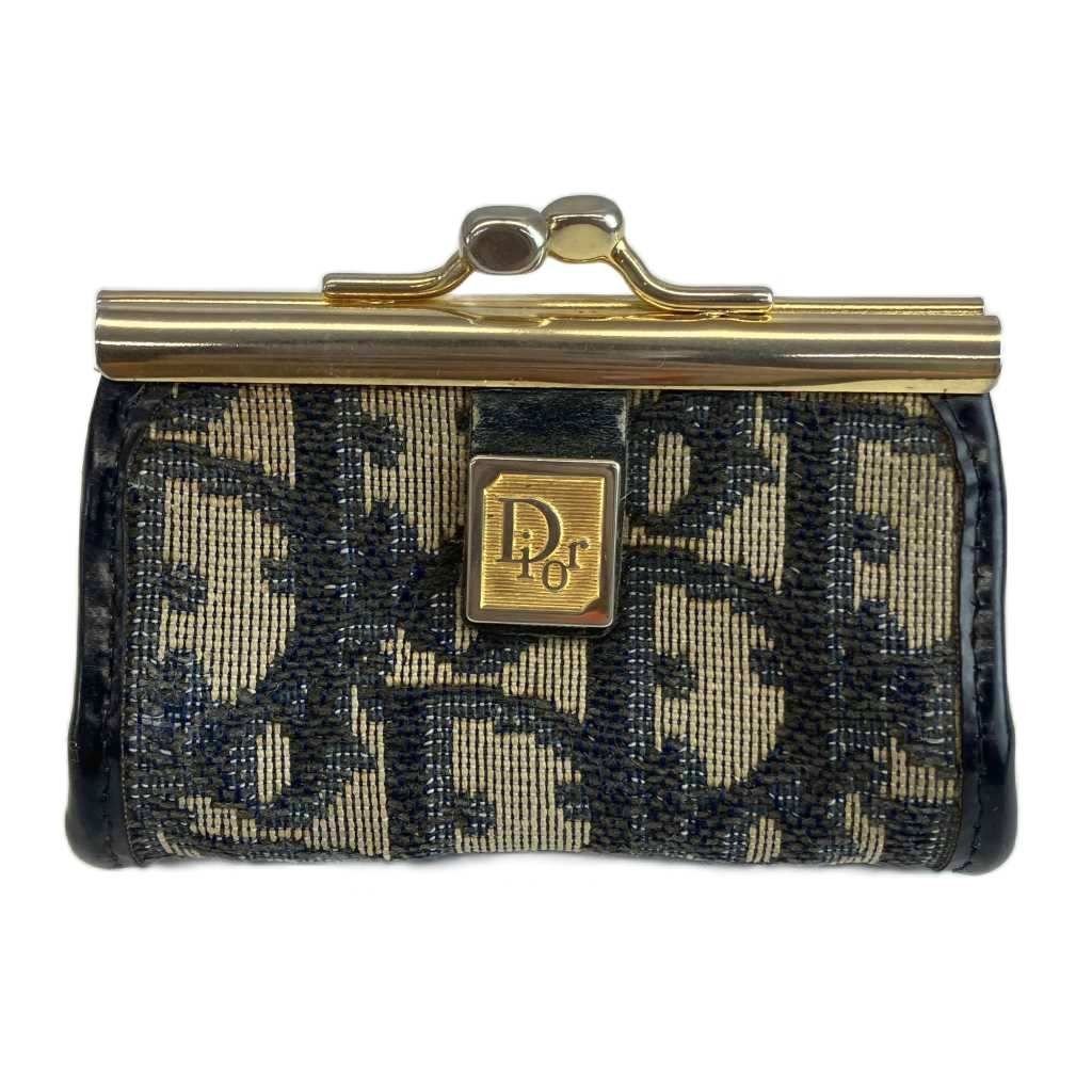 Dior Coin Purse Kiss Lock Canvas Trotter Pattern All Over Logo Plate Beige Black