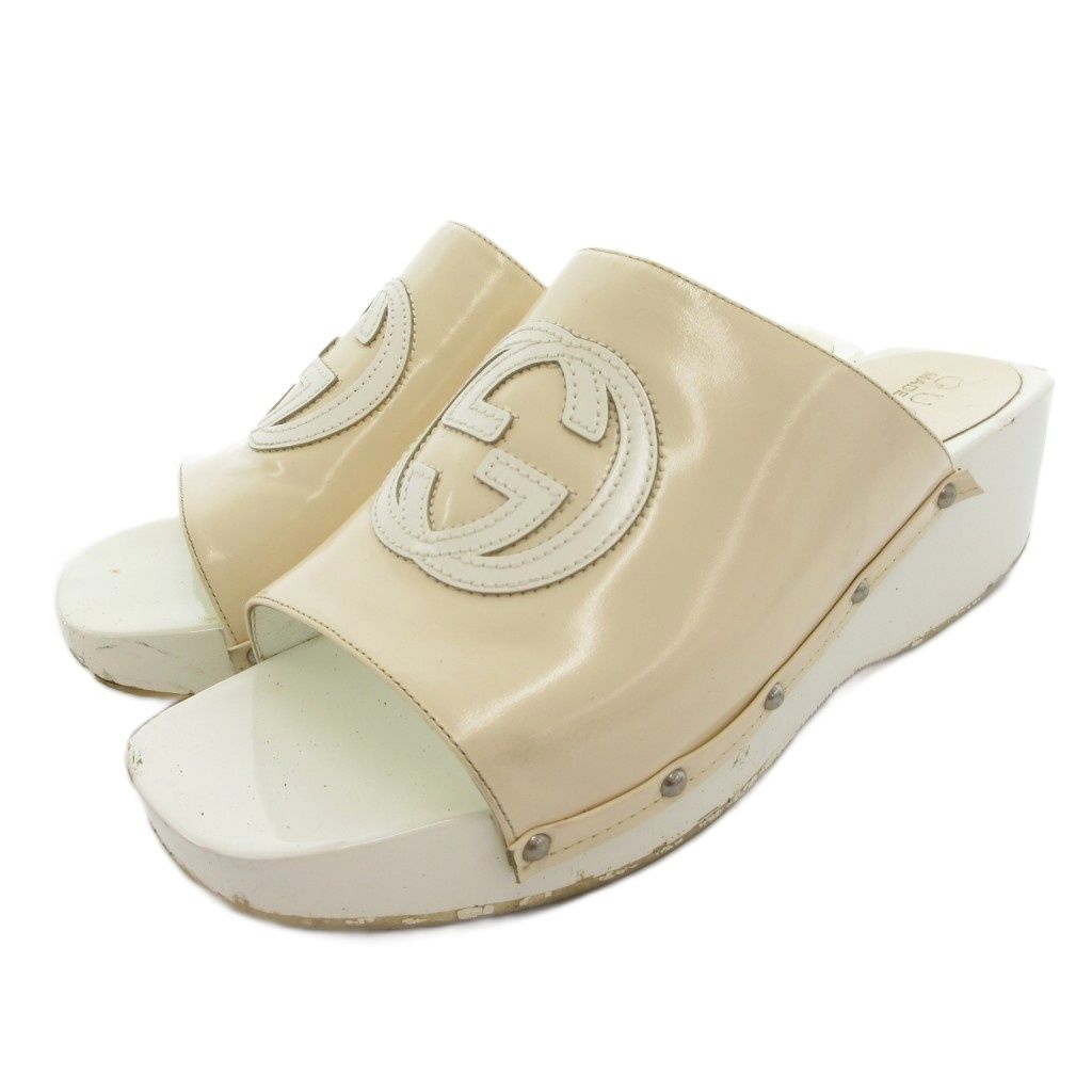 Gucci Sandals Shoes 35 White Wedge Sole Open Toe Logo TQ