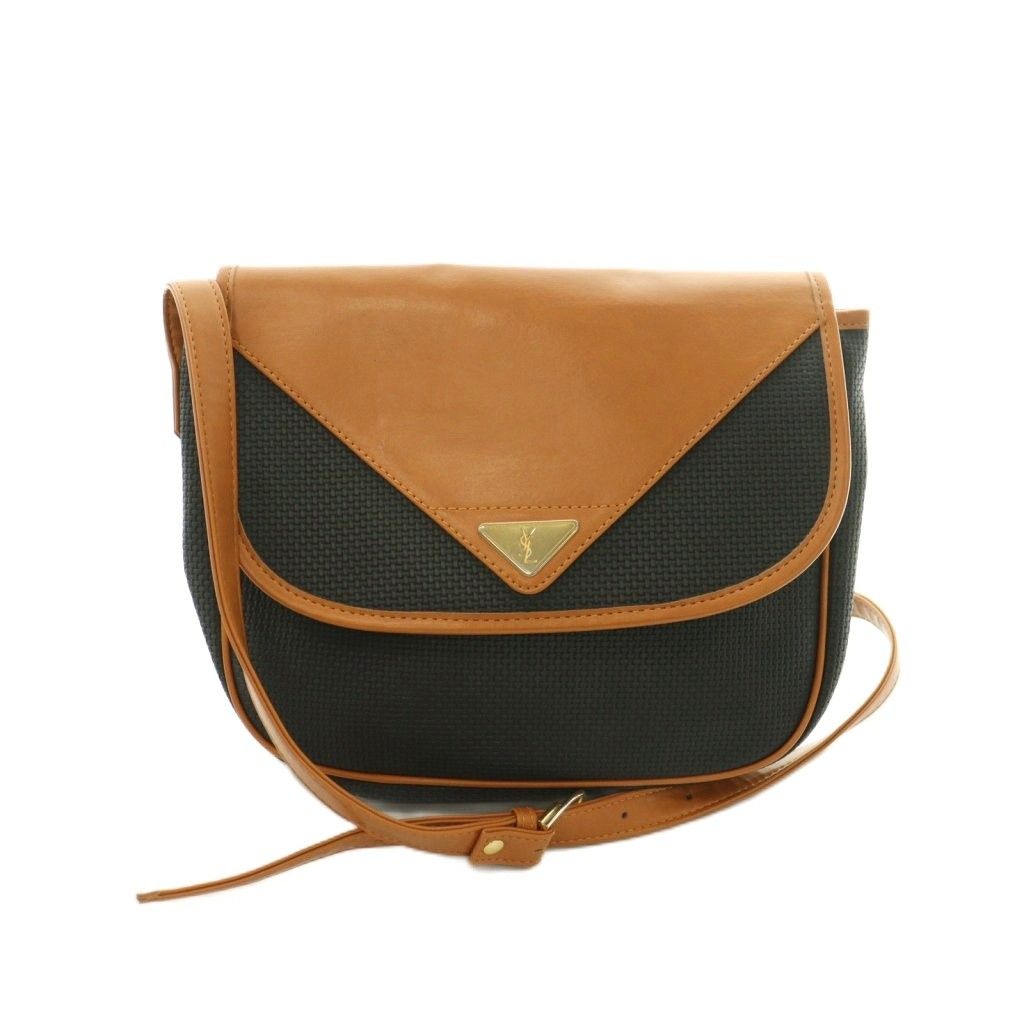 Saint Laurent Vintage Shoulder Bag Flap Leather Crossbody Navy Brown