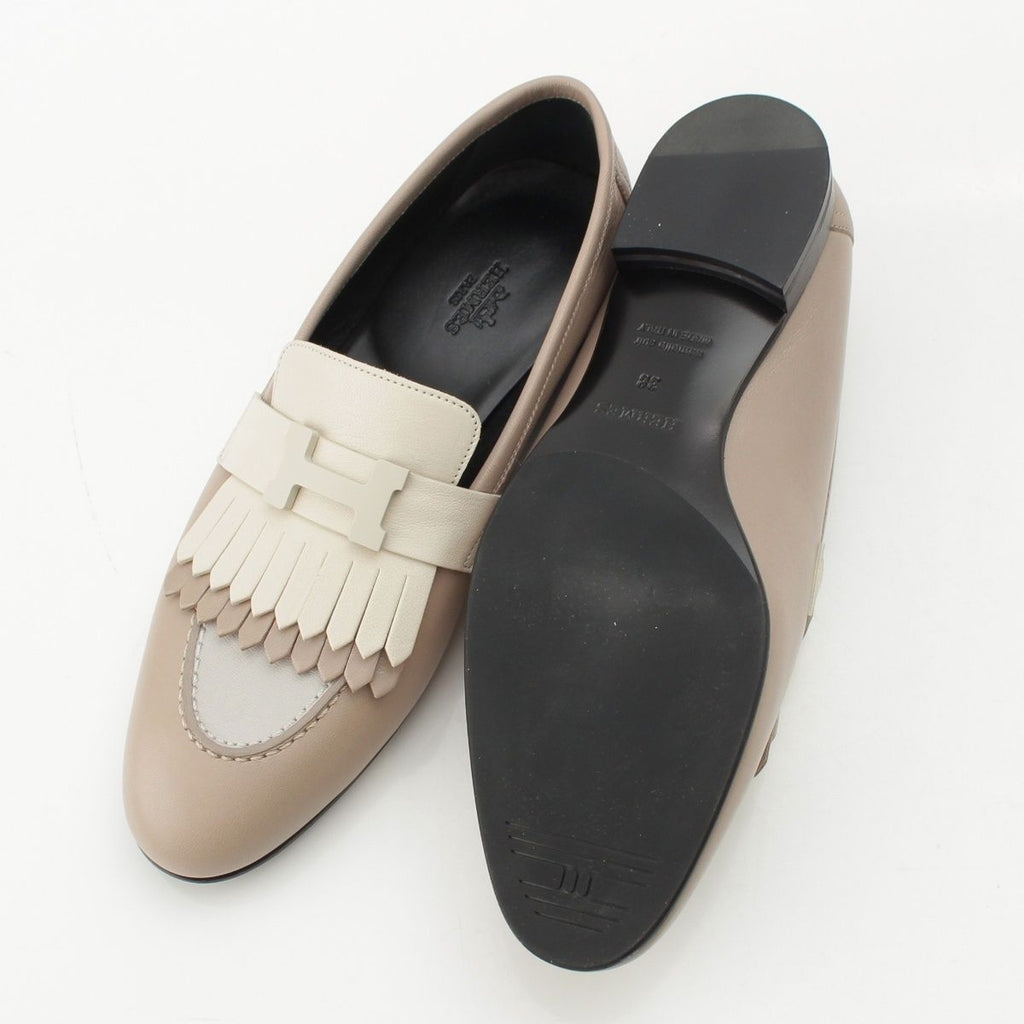 Hermes Royale Leather Fringe Loafers Shoes Beige — view 5
