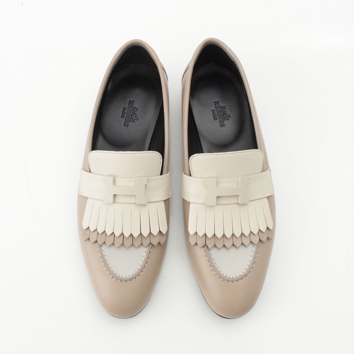 Hermes Royale Leather Fringe Loafers Shoes Beige — view 2