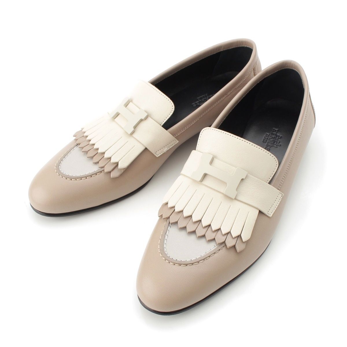 Hermes Royale Leather Fringe Loafers Shoes Beige