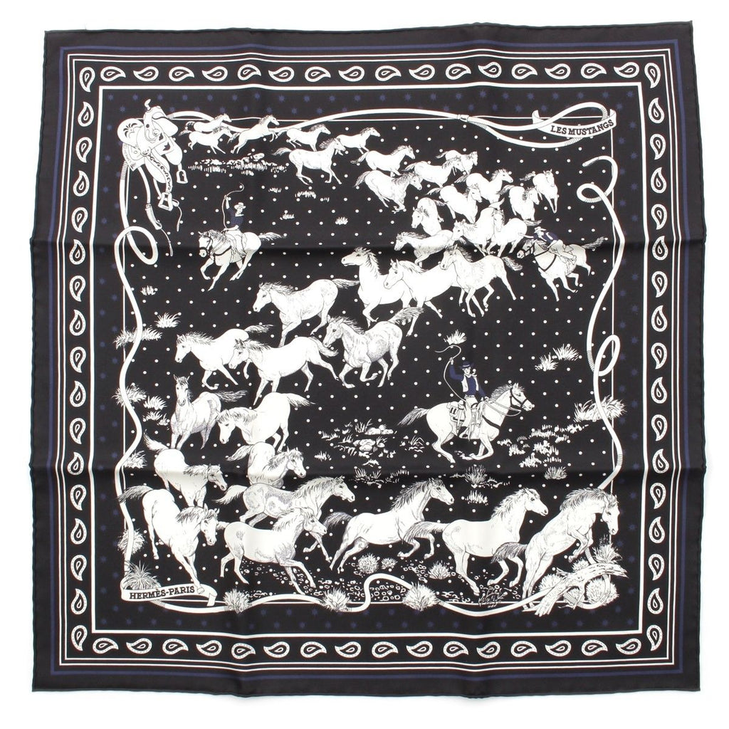 Hermes Carre 55 les Mustangs Bandana Wild Horse Silk Scarf Black