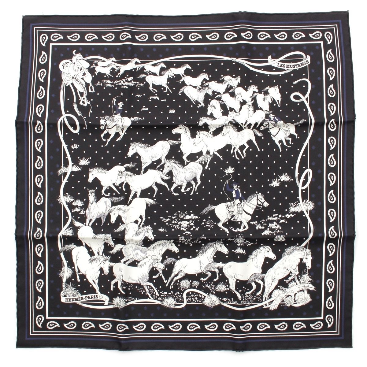 Hermes Carre 55 les Mustangs Bandana Wild Horse Silk Scarf Black