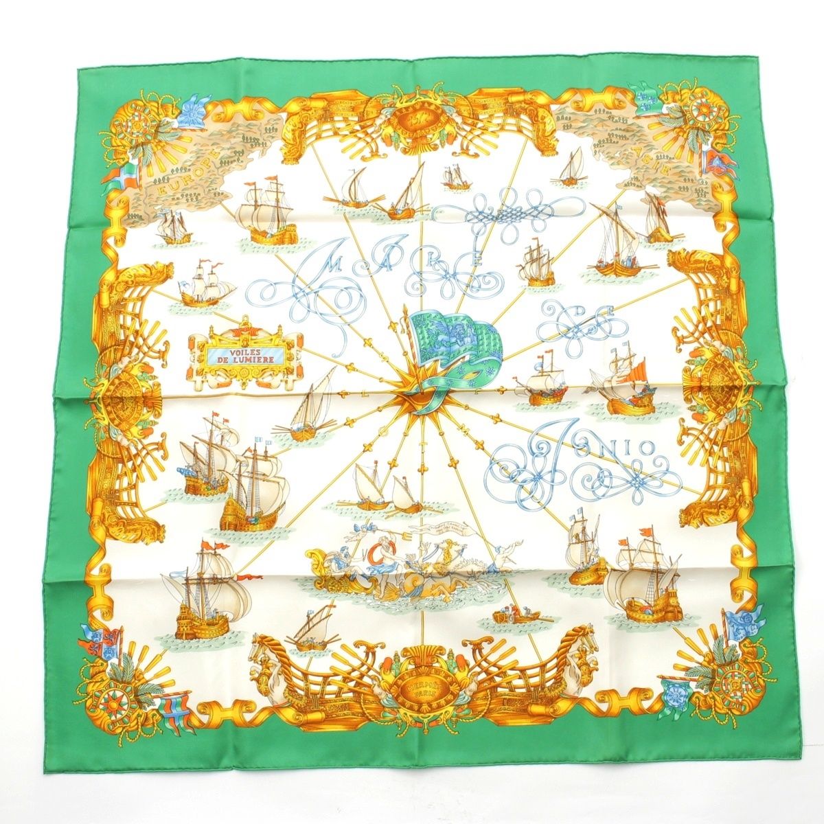 Hermes Carre 90 Silk Voiles de Lumiere Sailing Ship of Light Scarf Green