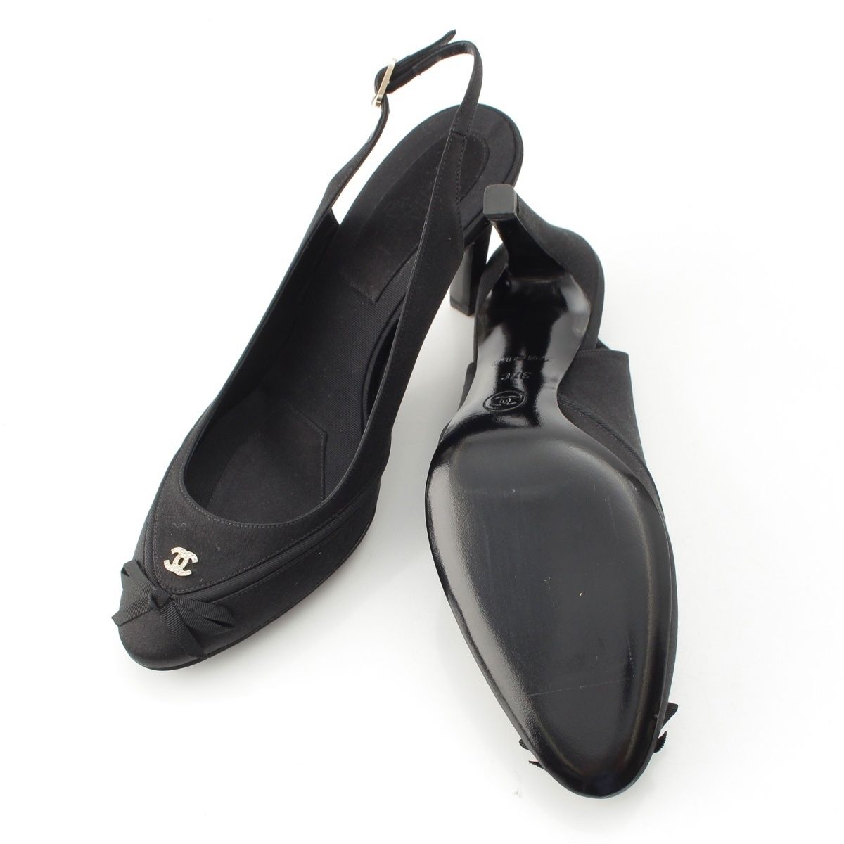 Chanel Satin Sling Back CC Logo Rhinestone Mules Black 37c — view 5