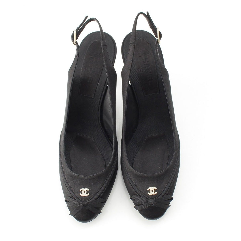 Chanel Satin Sling Back CC Logo Rhinestone Mules Black 37c — view 2