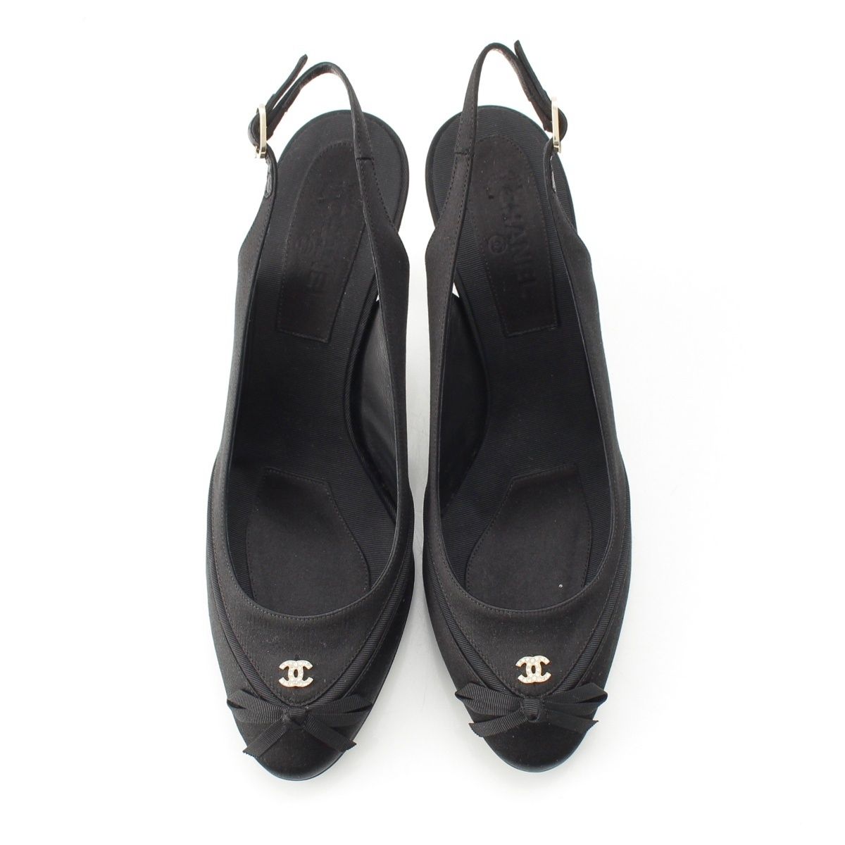 Chanel Satin Sling Back CC Logo Rhinestone Mules Black 37c — view 2