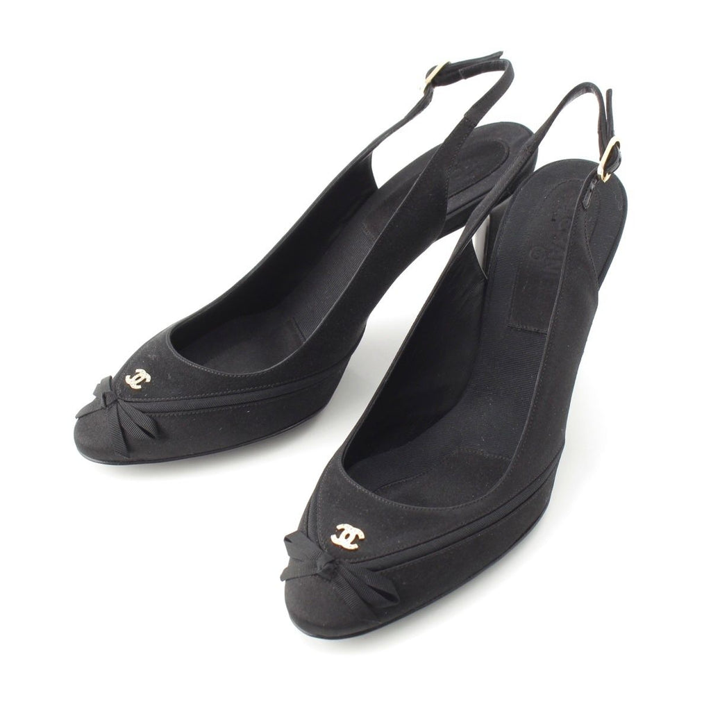 Chanel Satin Sling Back CC Logo Rhinestone Mules Black 37c
