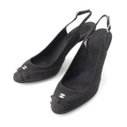 Chanel Satin Sling Back CC Logo Rhinestone Mules Black 37c