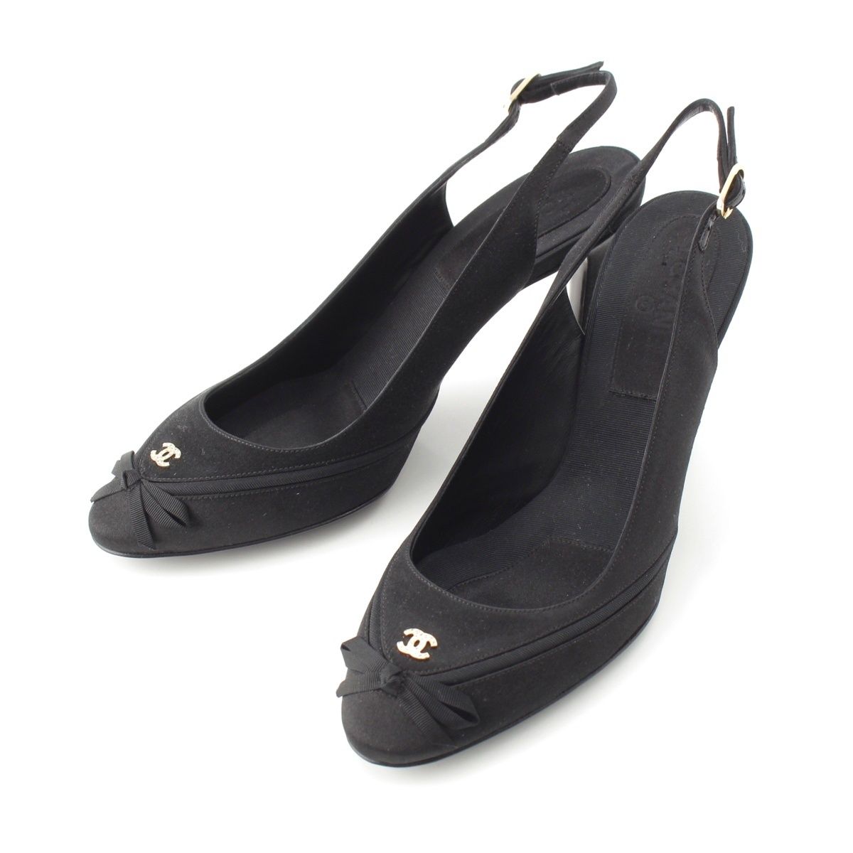 Chanel Satin Sling Back CC Logo Rhinestone Mules Black 37c