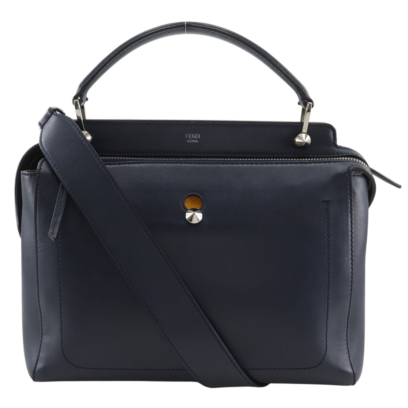 Fendi Com 2-Way Shoulder Calf Navy Blue Handbag