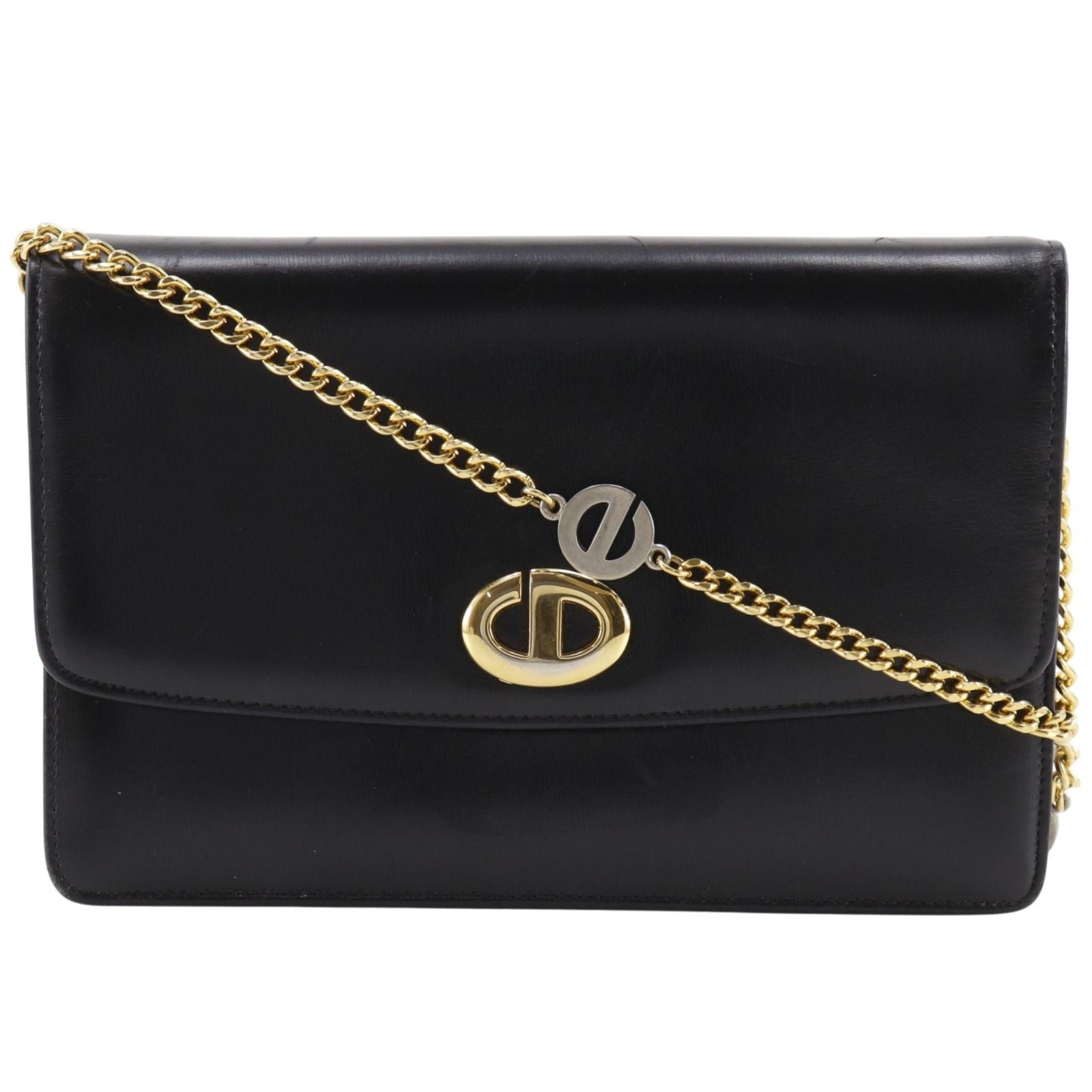 Dior Chain Shoulder 2-Way Clutch CD Logo Calf Black