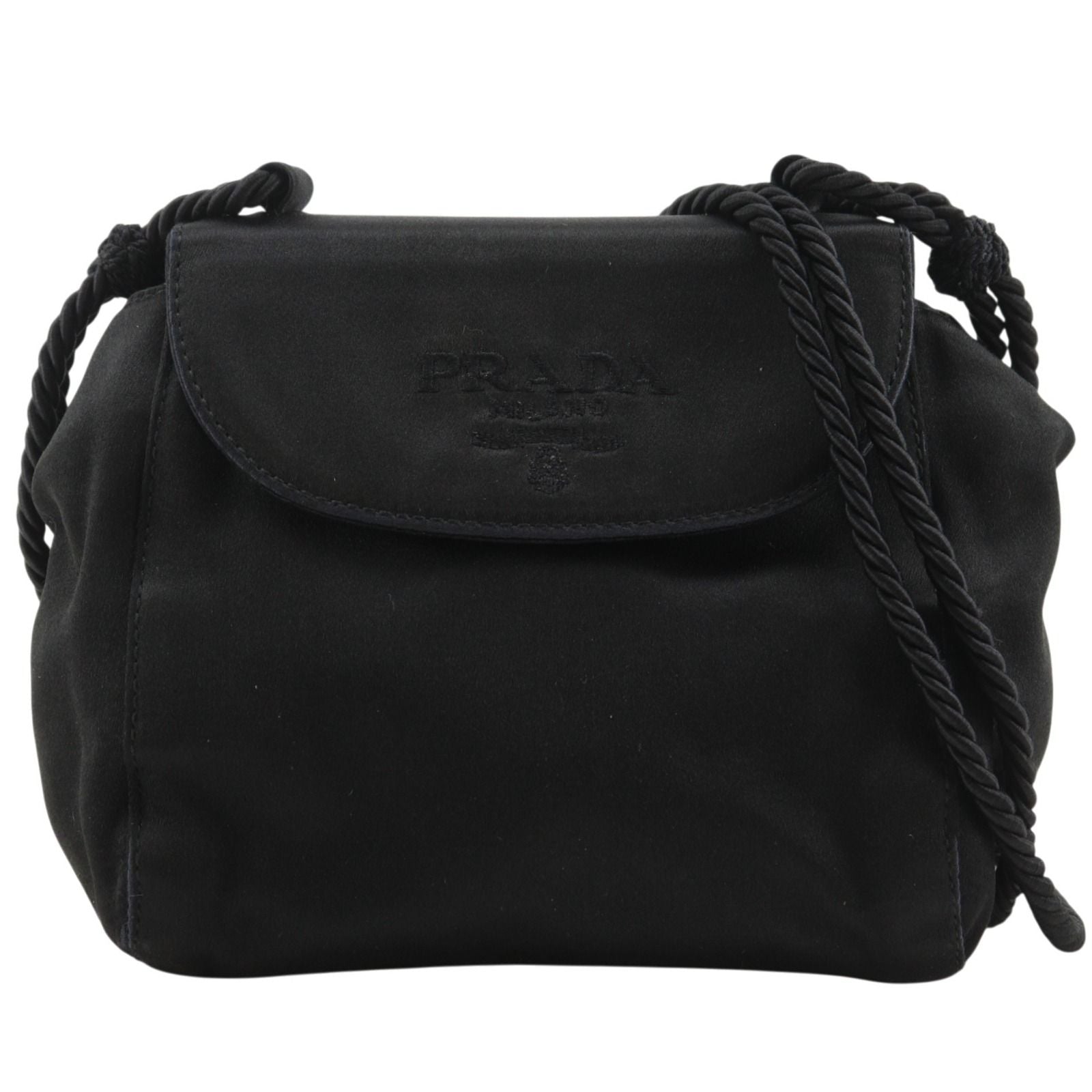 Prada Logo Fringe Satin Black Shoulder