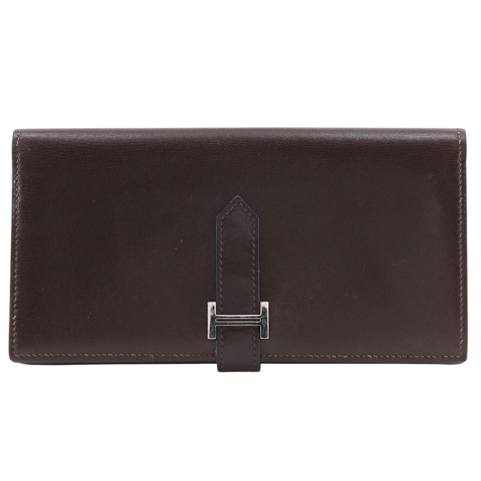 Hermes Bearn Souffle Box Calf Brown Silver Wallet