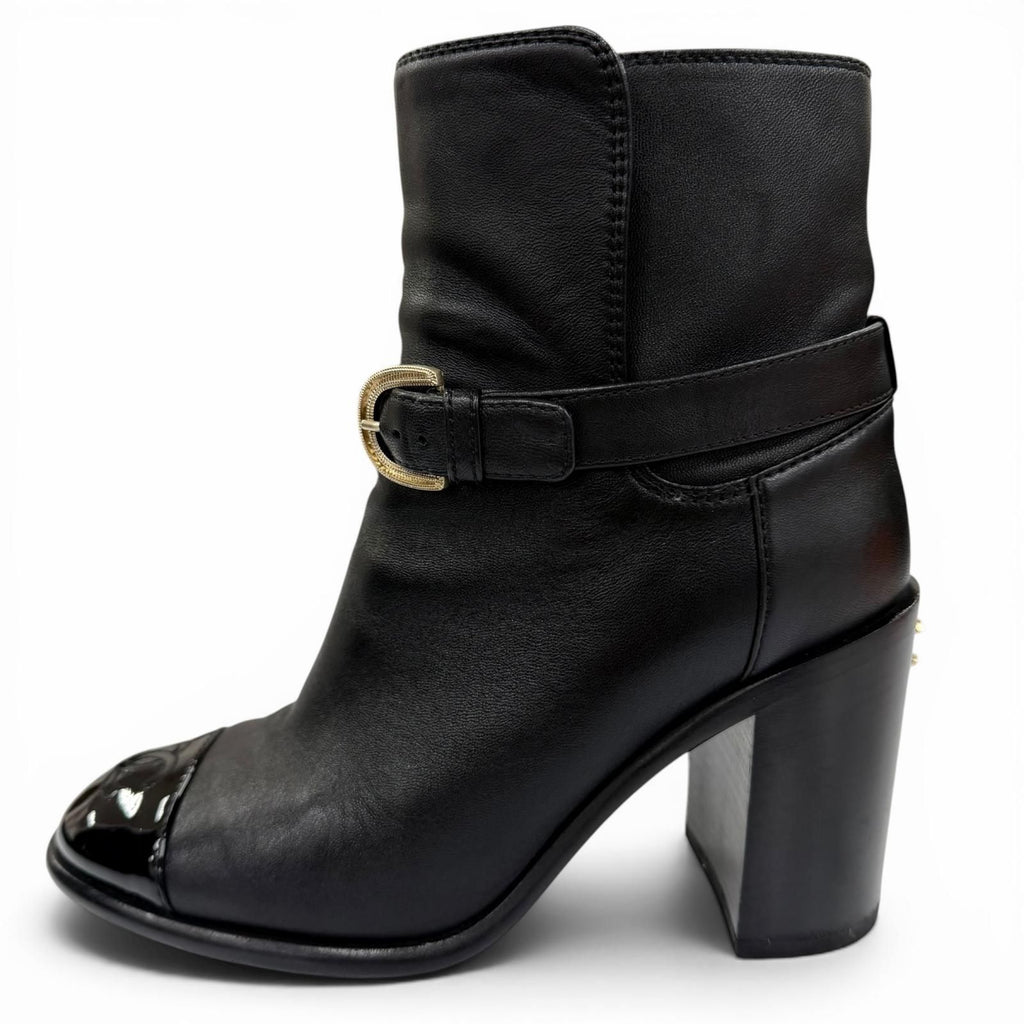 Chanel CC Logo Ankle Belt Leather Short Boots Black Gold — view 5