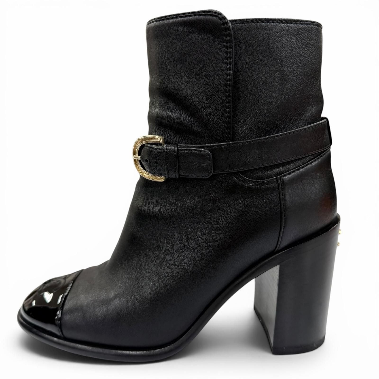 Chanel CC Logo Ankle Belt Leather Short Boots Black Gold — view 5