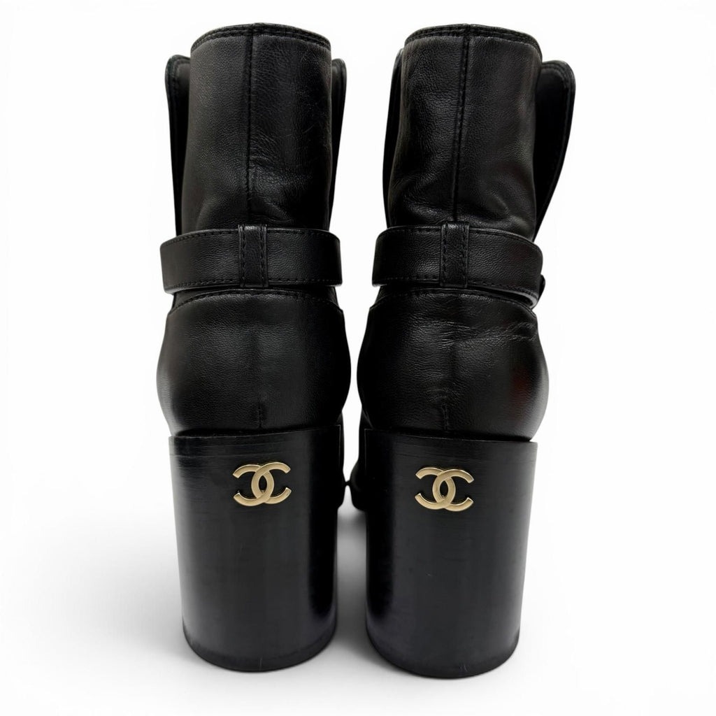 Chanel CC Logo Ankle Belt Leather Short Boots Black Gold — view 9