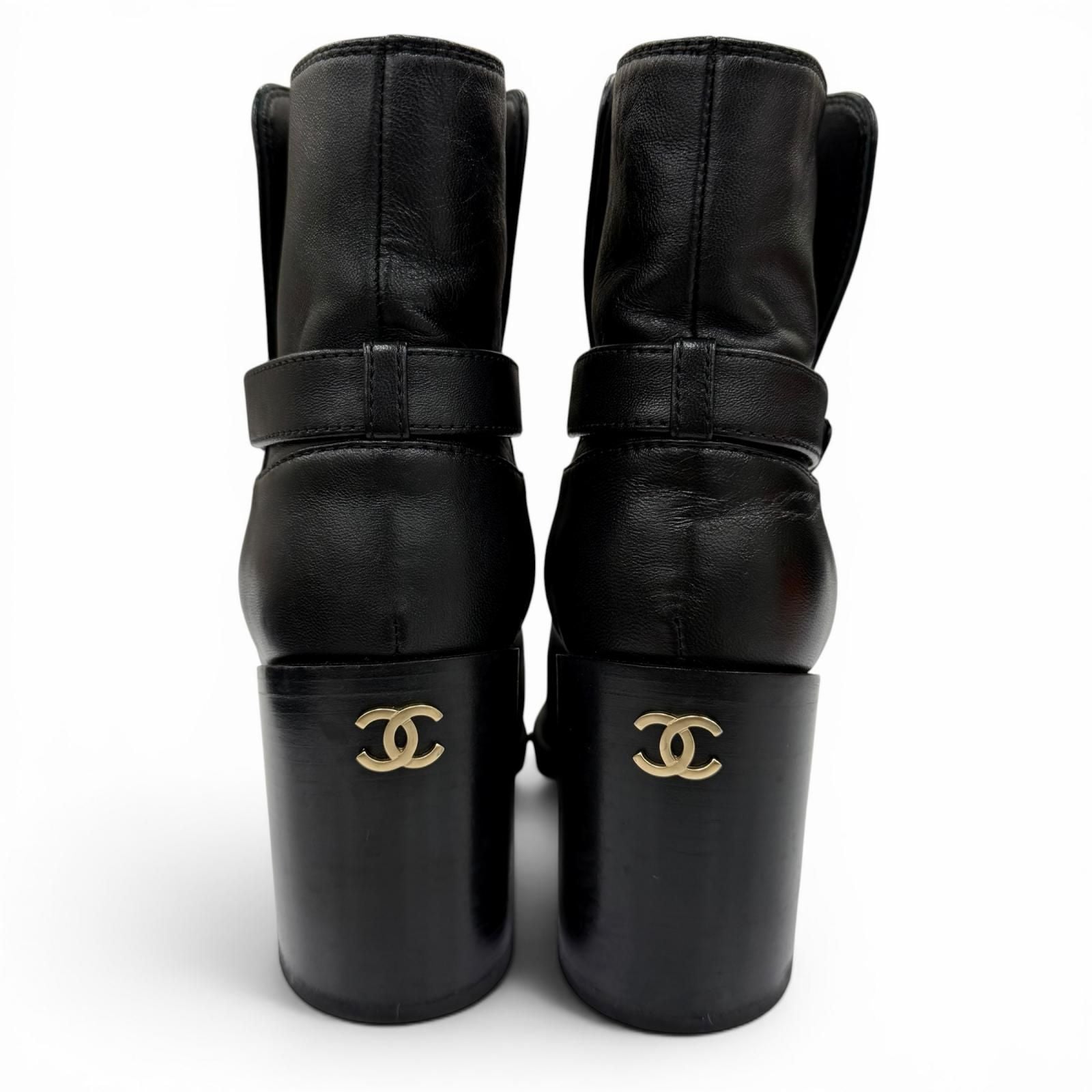 Chanel CC Logo Ankle Belt Leather Short Boots Black Gold — view 9