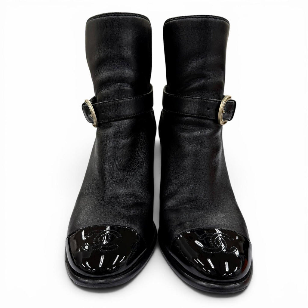 Chanel CC Logo Ankle Belt Leather Short Boots Black Gold — view 4