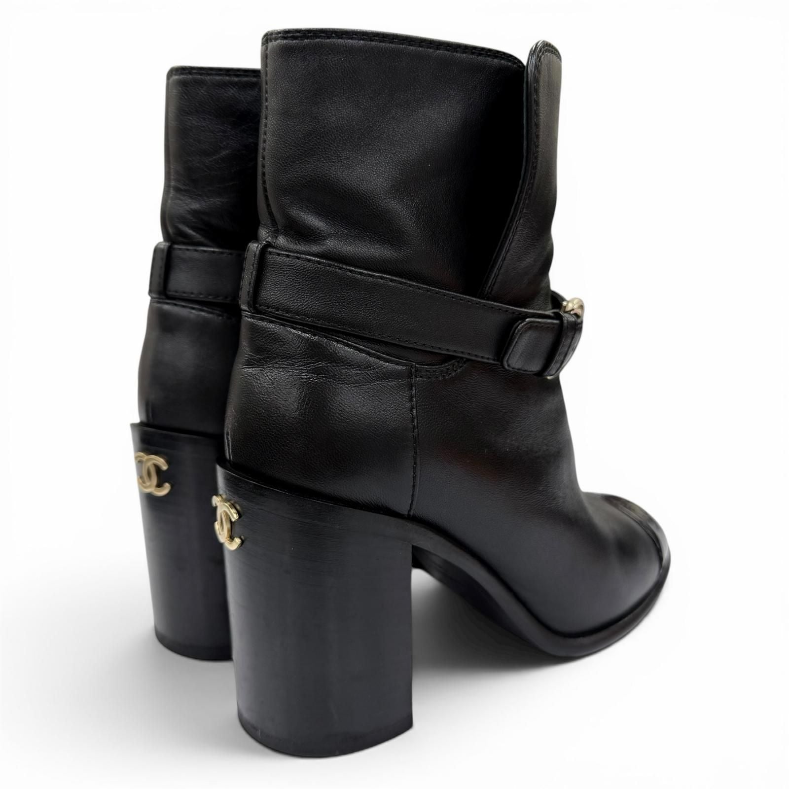 Chanel CC Logo Ankle Belt Leather Short Boots Black Gold — view 3
