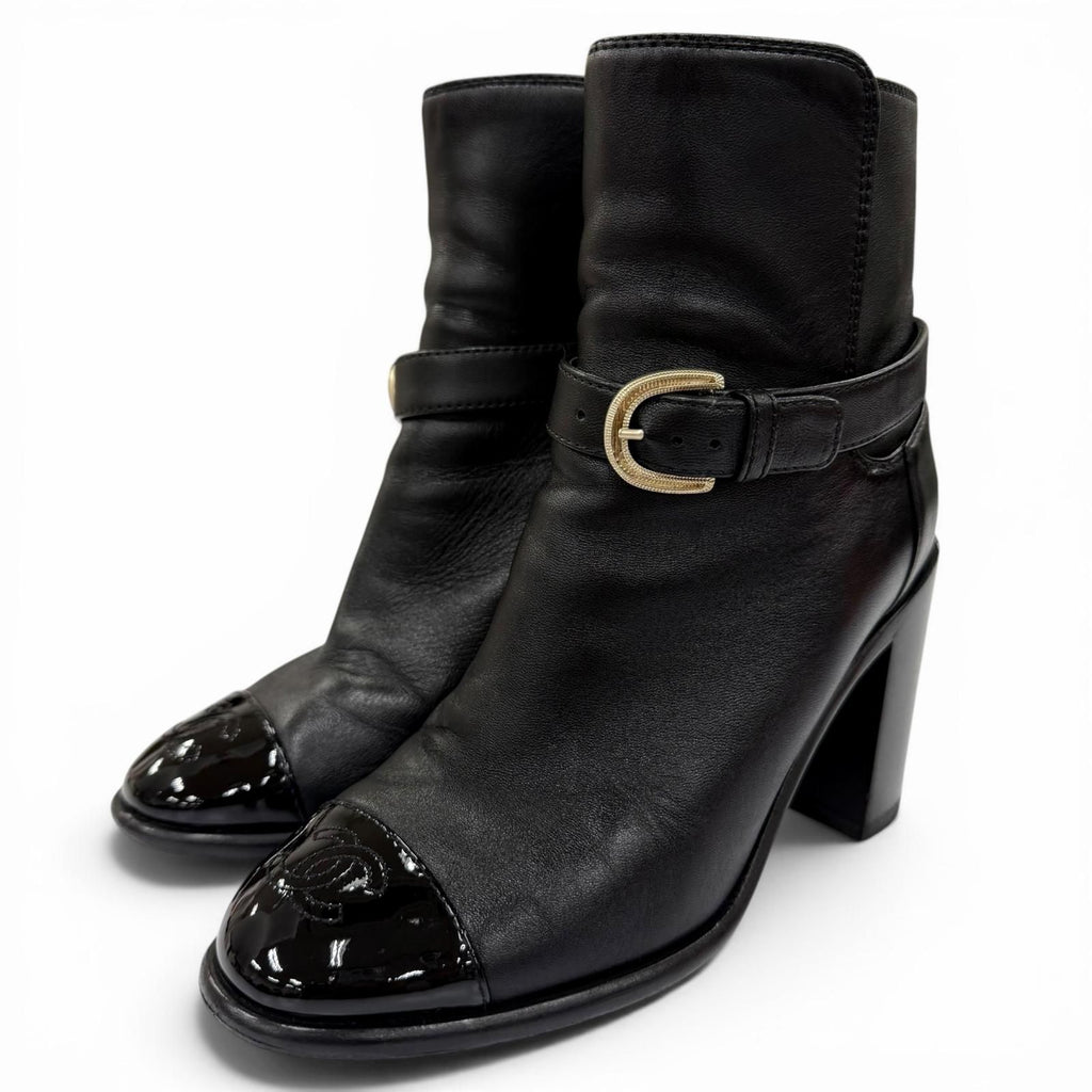 Chanel CC Logo Ankle Belt Leather Short Boots Black Gold
