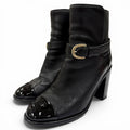 Chanel CC Logo Ankle Belt Leather Short Boots Black Gold