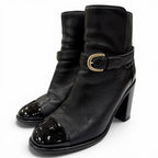 Chanel CC Logo Ankle Belt Leather Short Boots Black Gold