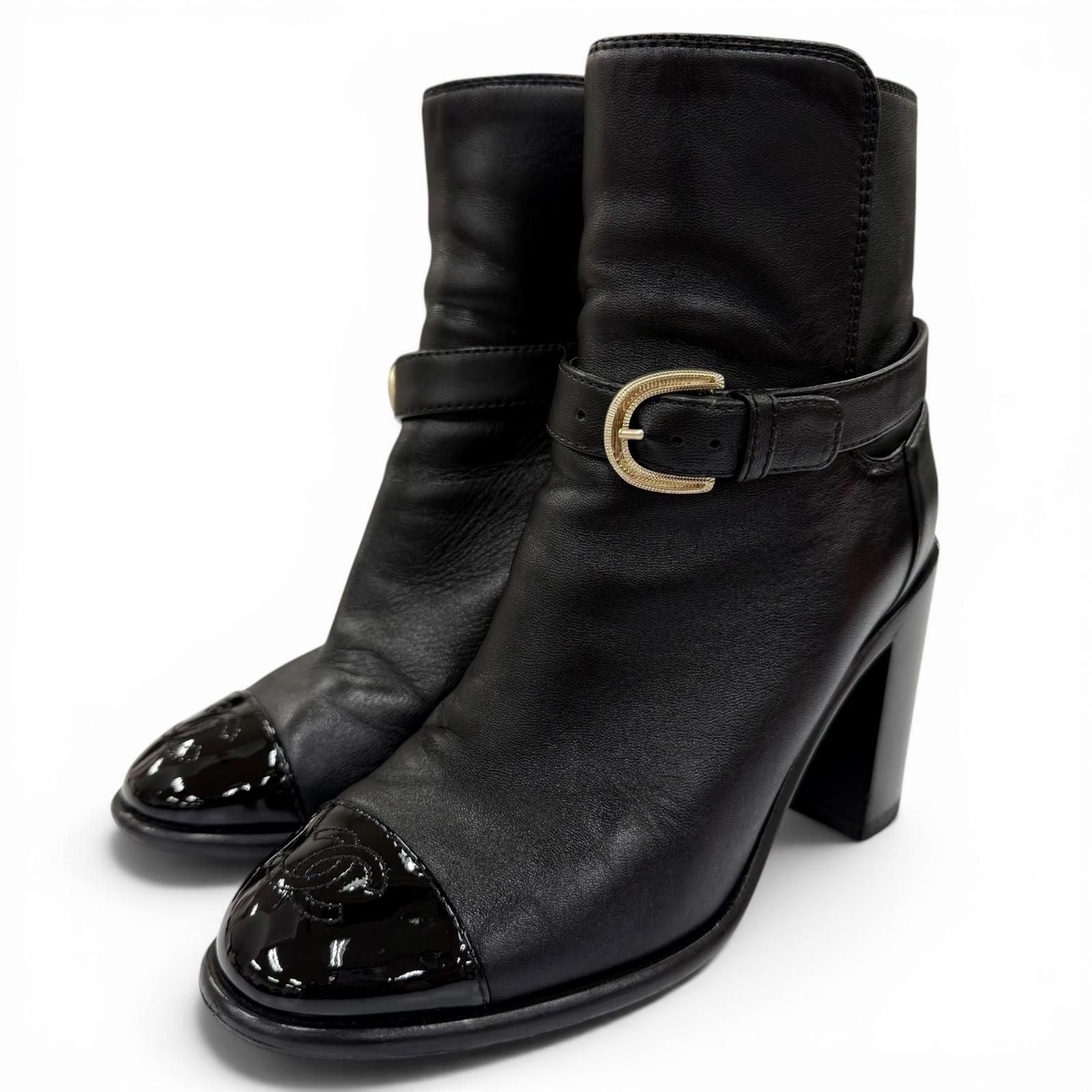 Chanel CC Logo Ankle Belt Leather Short Boots Black Gold