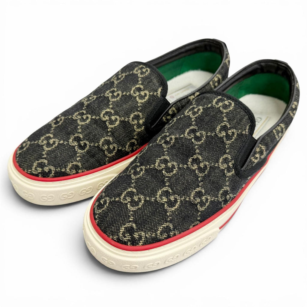Gucci Tennis GG Canvas Slip on Sneakers Navy Beige 7.5