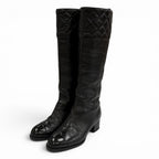 Chanel CC Logo Quilted Chanki Heels Leather Long Boots Black
