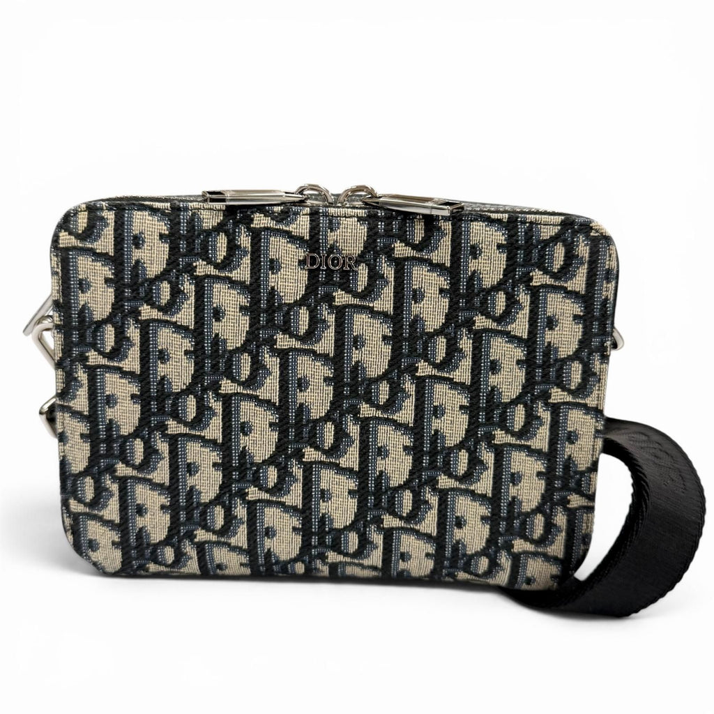 Dior Homme Leather Oblique Zip Pouch Shoulder Bag Navy