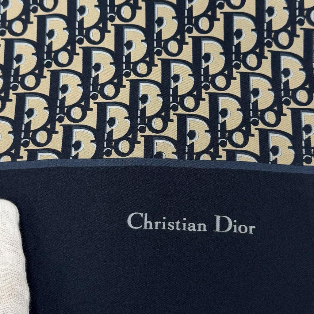 Dior Silk 100% Oblique Trotter Pattern Fringe Shawl Navy Beige Scarf — view 4