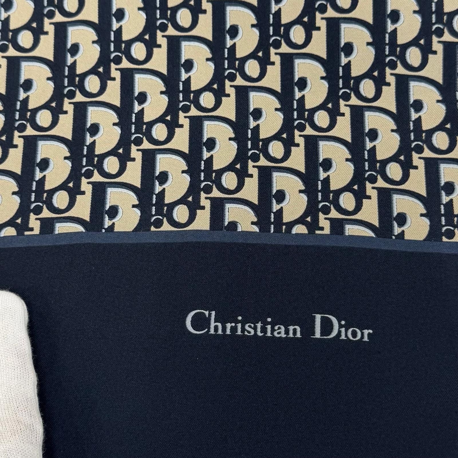 Dior Silk 100% Oblique Trotter Pattern Fringe Shawl Navy Beige Scarf — view 4