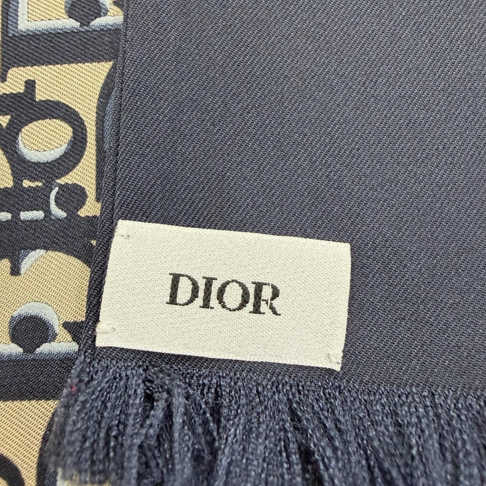 Dior Silk 100% Oblique Trotter Pattern Fringe Shawl Navy Beige Scarf — view 6